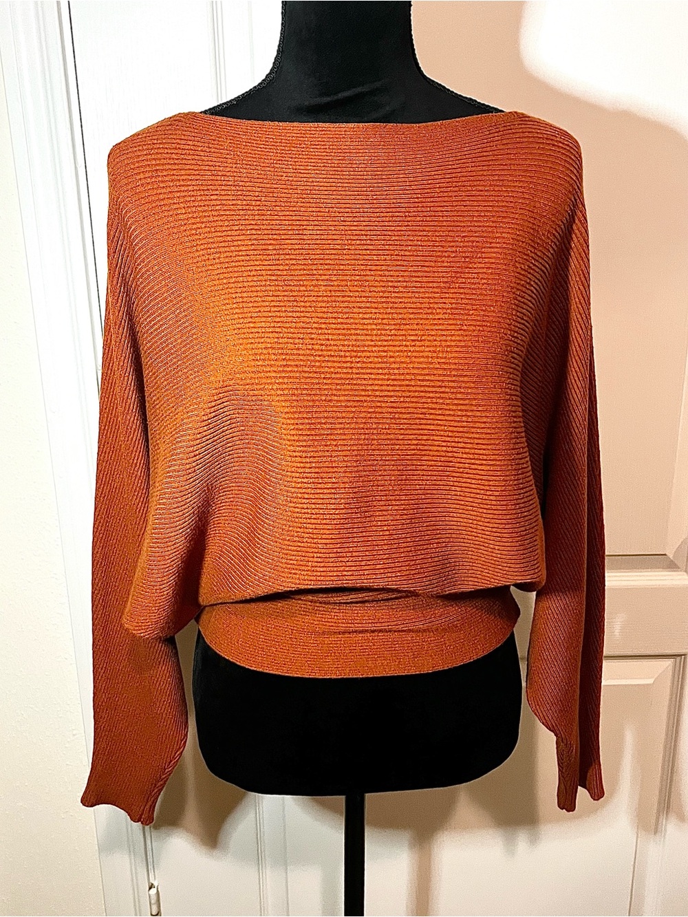 Women's Ribbed boatneck, dolman sweater in burnt orange